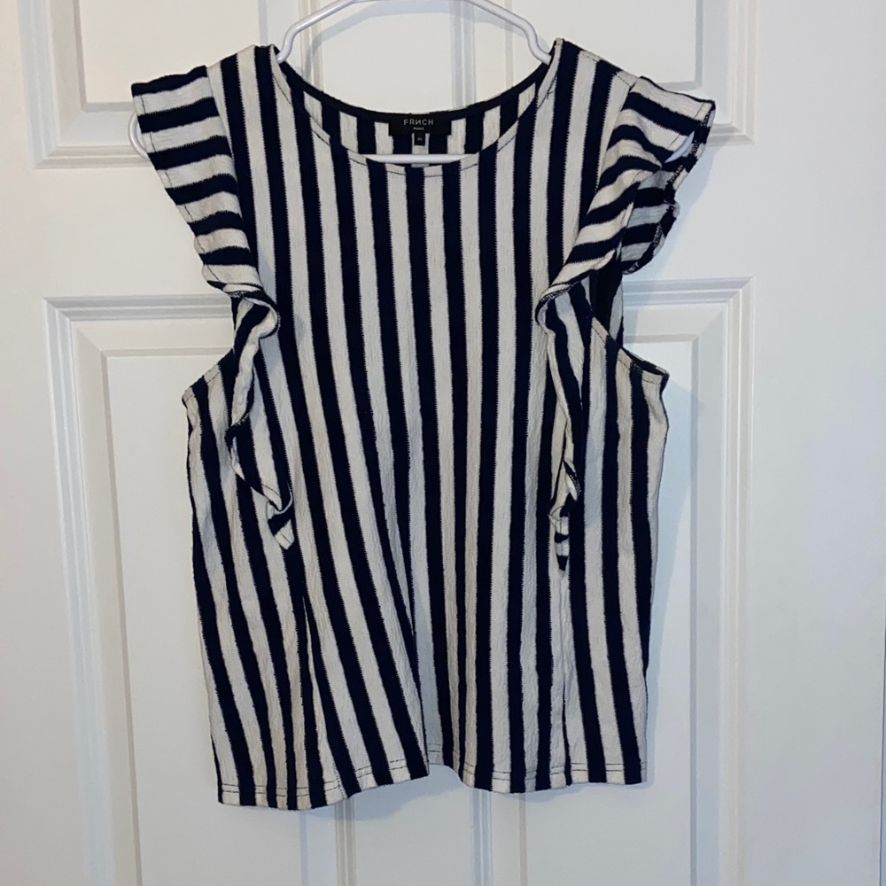 FRNCH Black and White Striped Ruffle Blouse